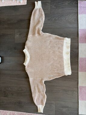 aerie Cream and Light Brown Striped Ribbed Sweater